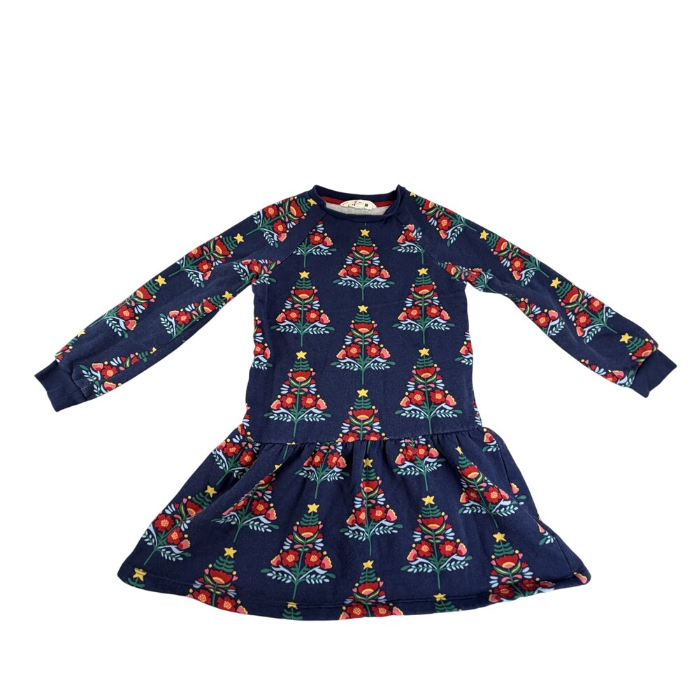 Mini Boden Sweater Dress Girls 8-9Y Blue Fleece Christmas Tree Print Holiday